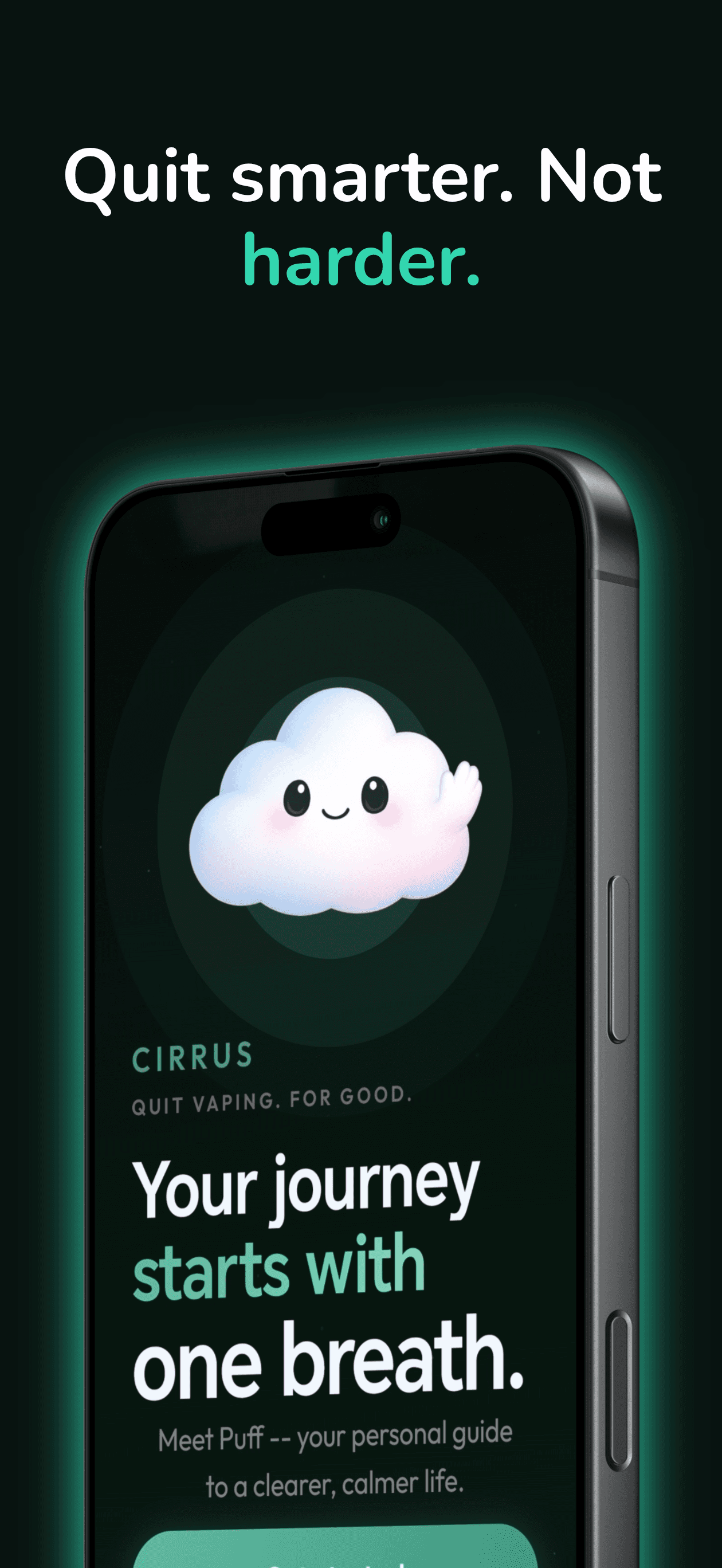 Cirrus quit vaping app — Puff mascot waving on splash screen with Your journey starts with one breath