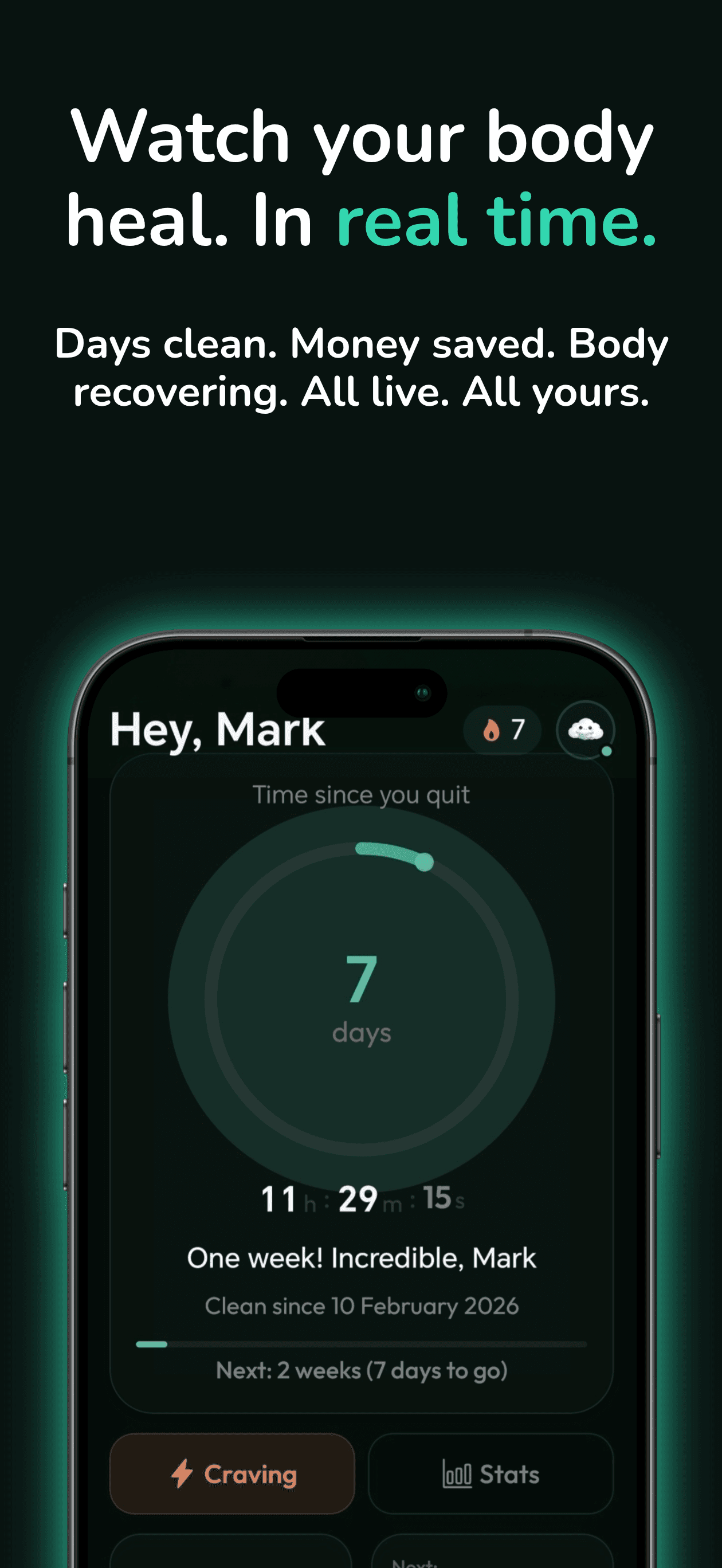 Dashboard showing 7-day quit timer, streaks, and body recovery progress