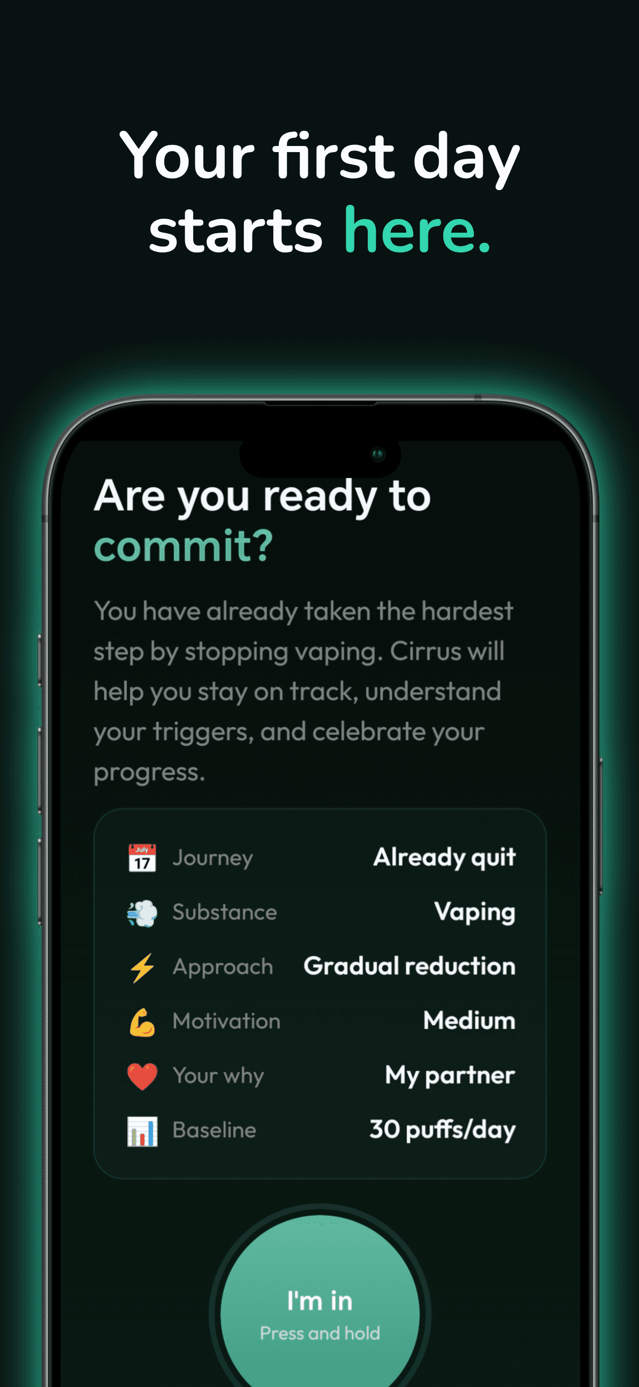 Onboarding commit screen — your first day starts here